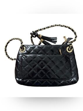 Gianni Bini Black Quilted Patent Crossbody Bag Gold Chain Tassel